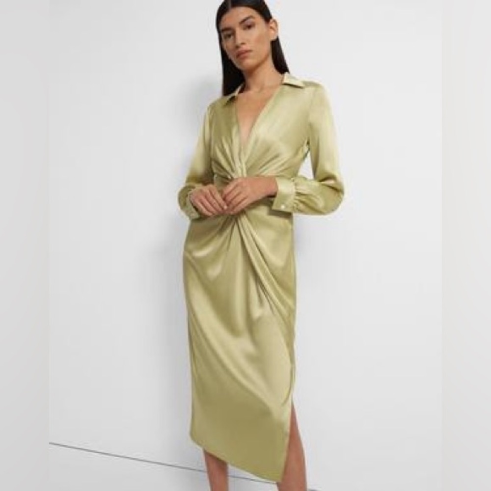 Theory. Satin Twist Front Dress. Pale lime. Size 10. NWT.